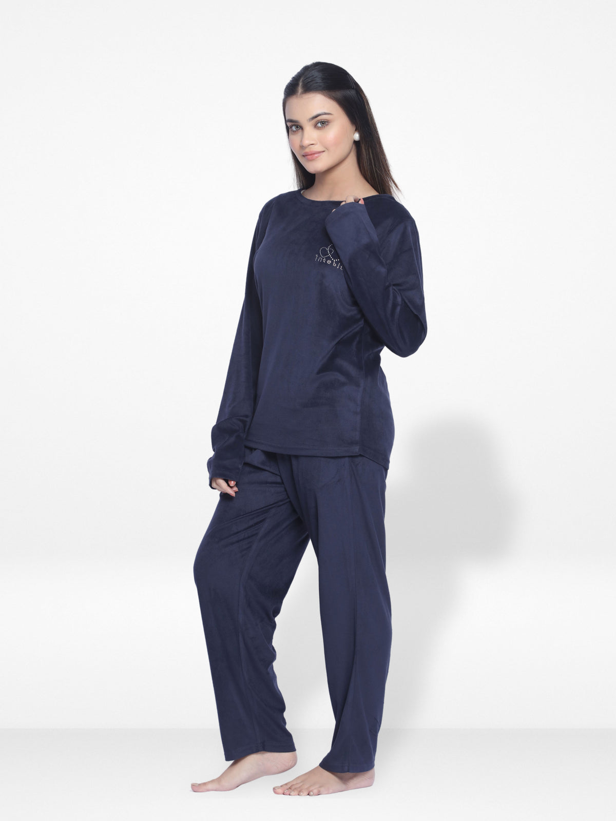 Women Velour Sleepwear Long Sleeve Pyjama Set Navy