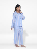 Women Blue Stripe Sleepwear Long Sleeve Pyjama Set