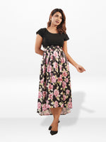 Women's Black Floral Cap Sleeve Midi Dress – Elegant Casual Summer Dress