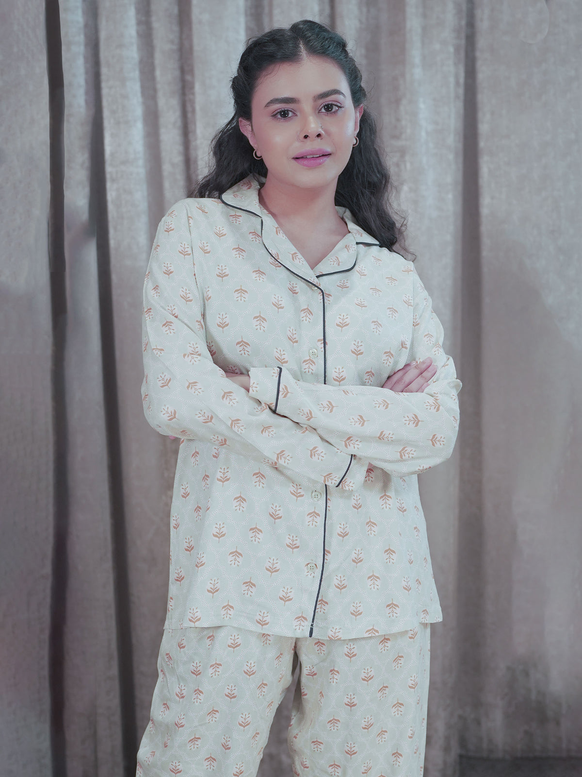 Women Light GreenSleepwear Long Sleeve Pyjama Set