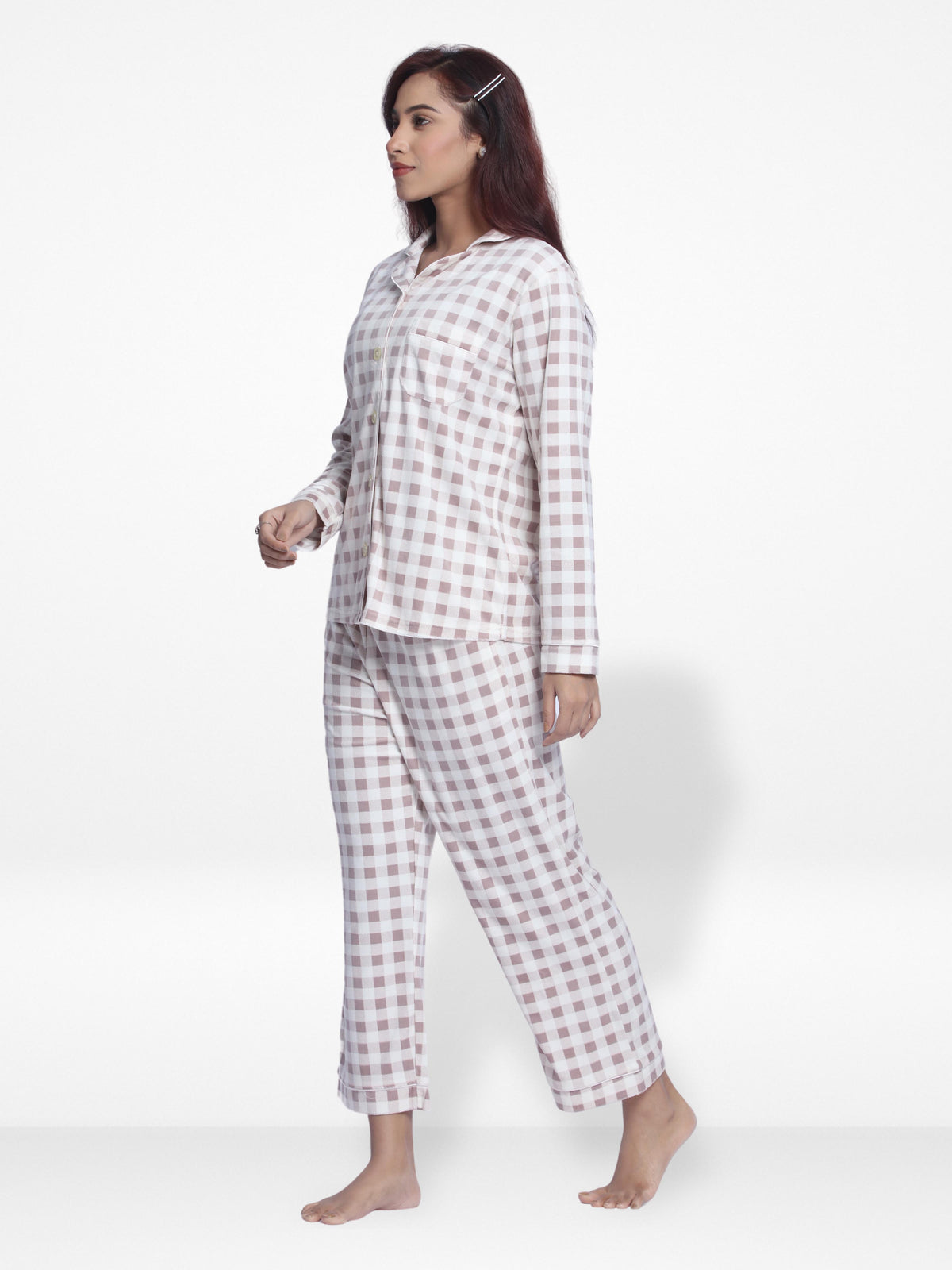 Women Velour Sleepwear Long Sleeve White Check Pyjama Set