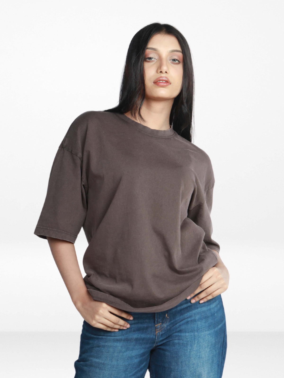 Unisex Drop Shoulder T-Shirt – Classic Solid Short Sleeve Acid wash Tee, Cotton Blend Comfortable Casual Wear- Brown