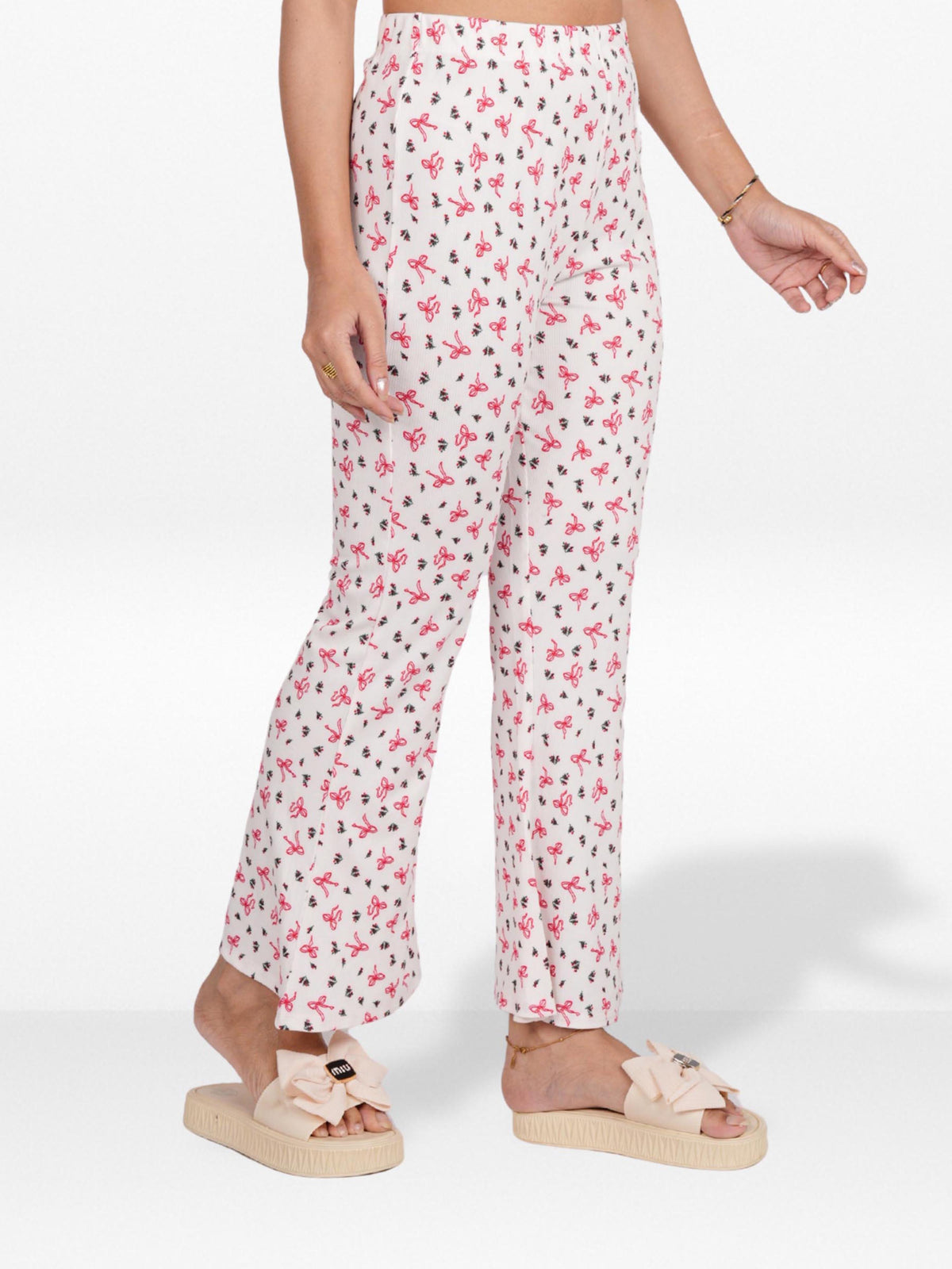 Women’s Printed Palazzo Pants | Wide Leg Lounge Trousers for Women | Soft Stretch Yummy Rib Fabric | Casual & Party Wear Bottoms - Egret