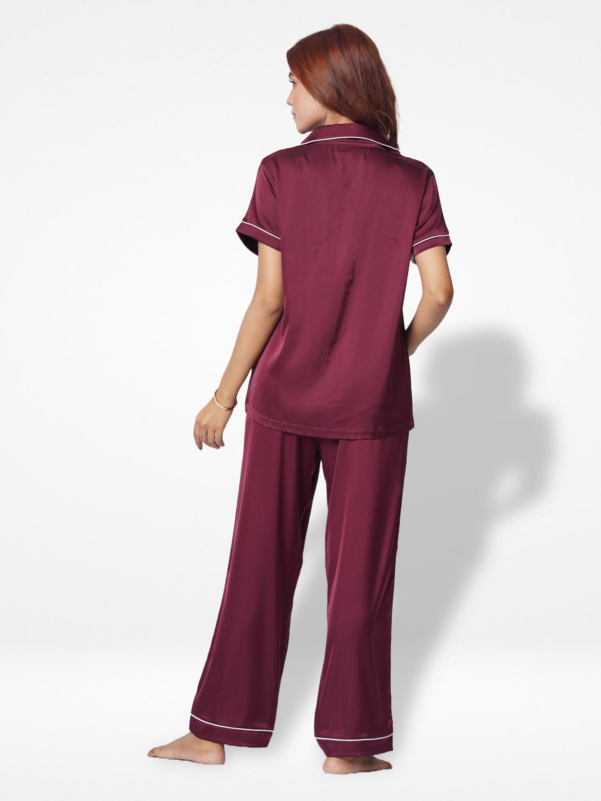 Satin Pajama Set for Women - Contrast Piping, Notch Collar, Button Down, Short Sleeve Long Pant