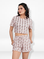 Women’s All Over Printed Crop Top Set – Crew Neck Half Sleeve Tee & Matching Bottom | Trendy Casual Two-Piece Wear