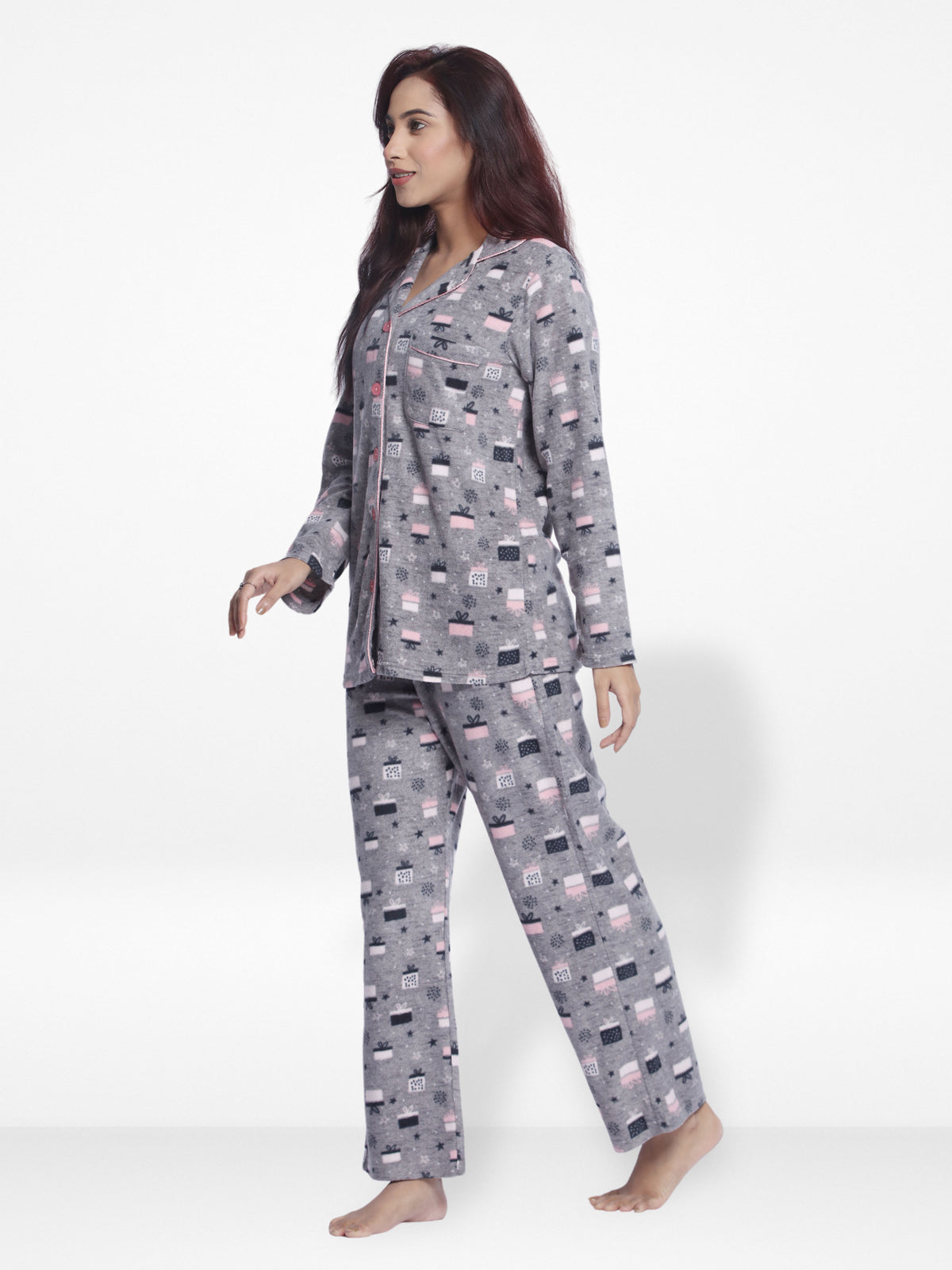 Women Micro Polar Fleece Grey Animal print Sleepwear Long Sleeve Pyjama Set