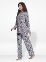 Women Micro Polar Fleece Grey Animal print Sleepwear Long Sleeve Pyjama Set