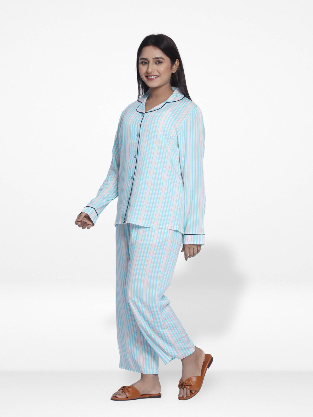 Women Mint Stripe Sleepwear Long Sleeve Pyjama Set