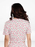 Womens All Over Printed Crop Top and Long Bottom Set Crew Neck Half Sleeve Tee & Matching Bottom | Trendy Casual Two-Piece Wear - Egret
