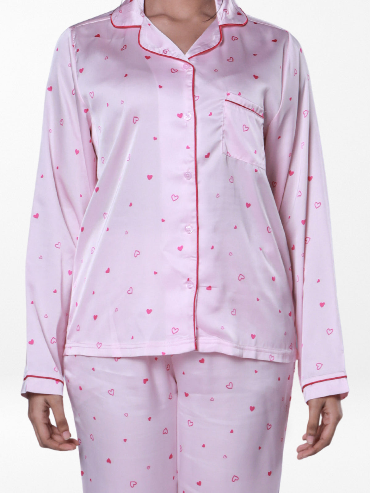 Women’s Satin Pajama Set – Long Sleeve Button Down with Notch Collar & Contrast Piping | 2 Piece Silk Sleepwear with Long Pants