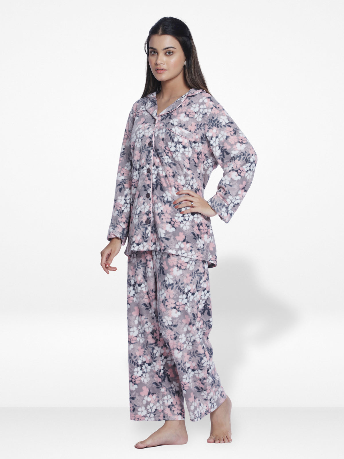 WomenMicro Polar Fleece Grey floral print Sleepwear Long Sleeve Pyjama Set