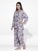 WomenMicro Polar Fleece Grey floral print Sleepwear Long Sleeve Pyjama Set