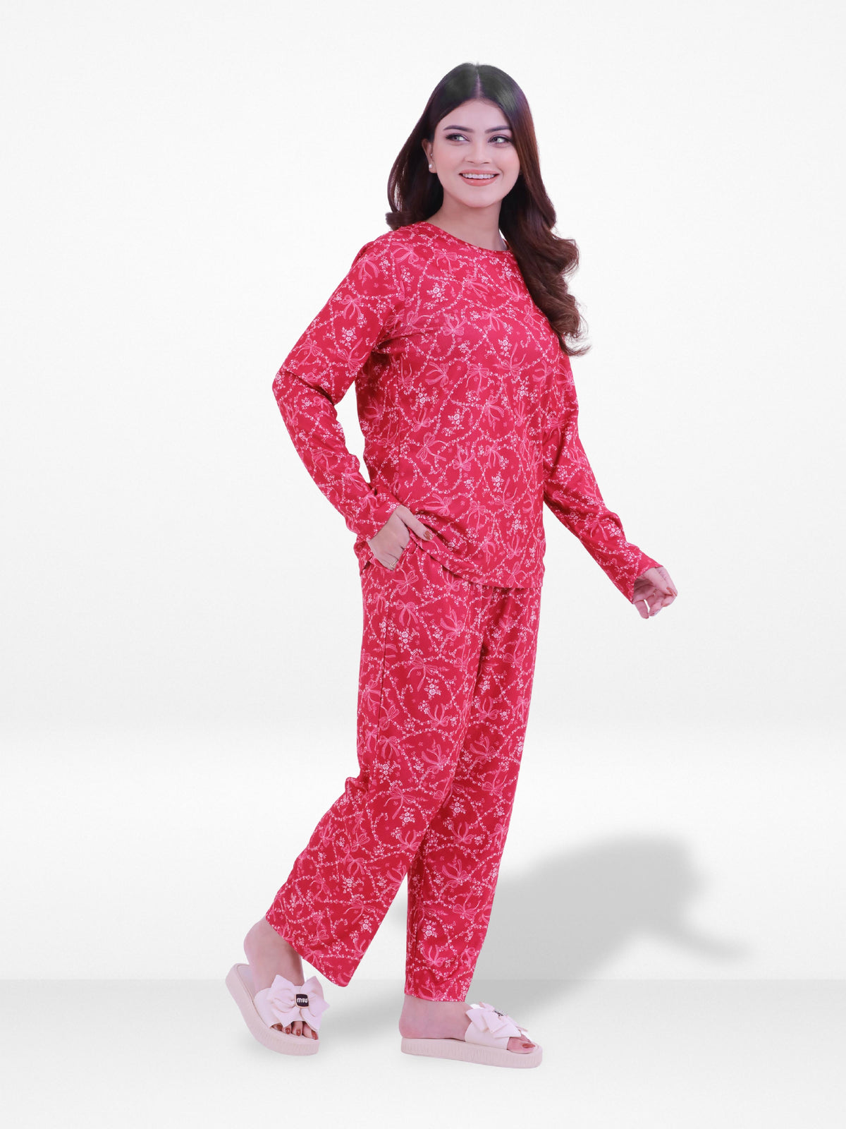 Women’s Crew Neck Collar Sleepwear Set – Long- Sleeve All Over Print Pajama Top & Shorts | Soft, Lightweight & Comfortable Nightwear