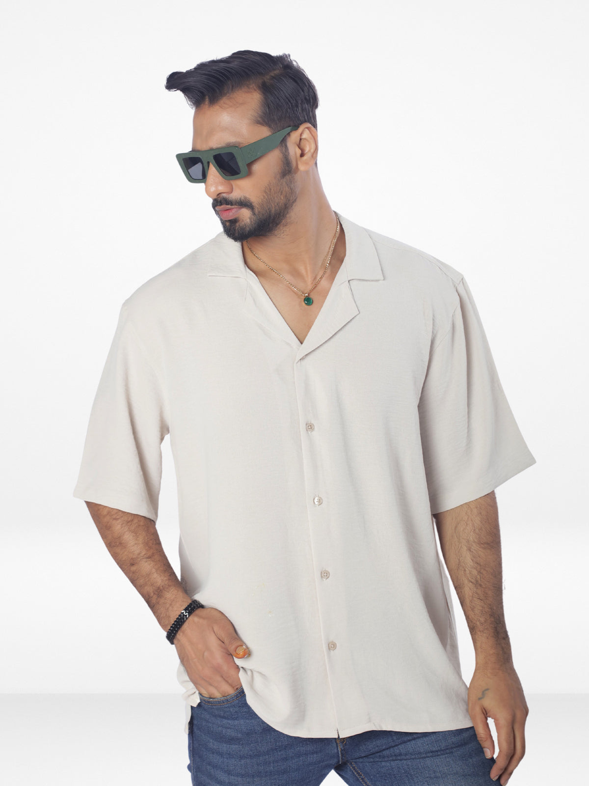 Men's Half-Sleeve Relaxed-Fit Casual Cuban Collar Shirt| BEIGE