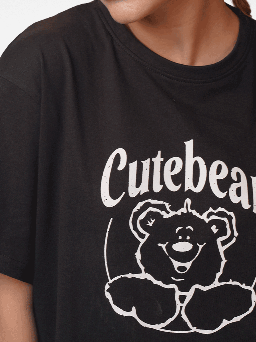 Women Cute Bear Graphics Print Cotton T-shirt