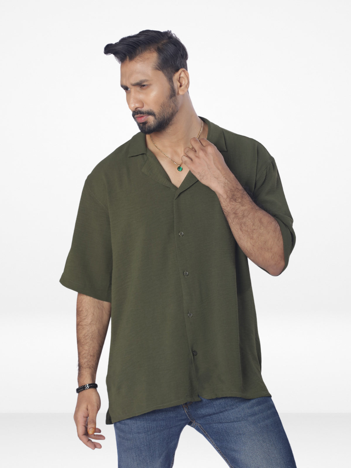 Men's Half-Sleeve Relaxed-Fit Casual Cuban Collar Shirt| OLIVE