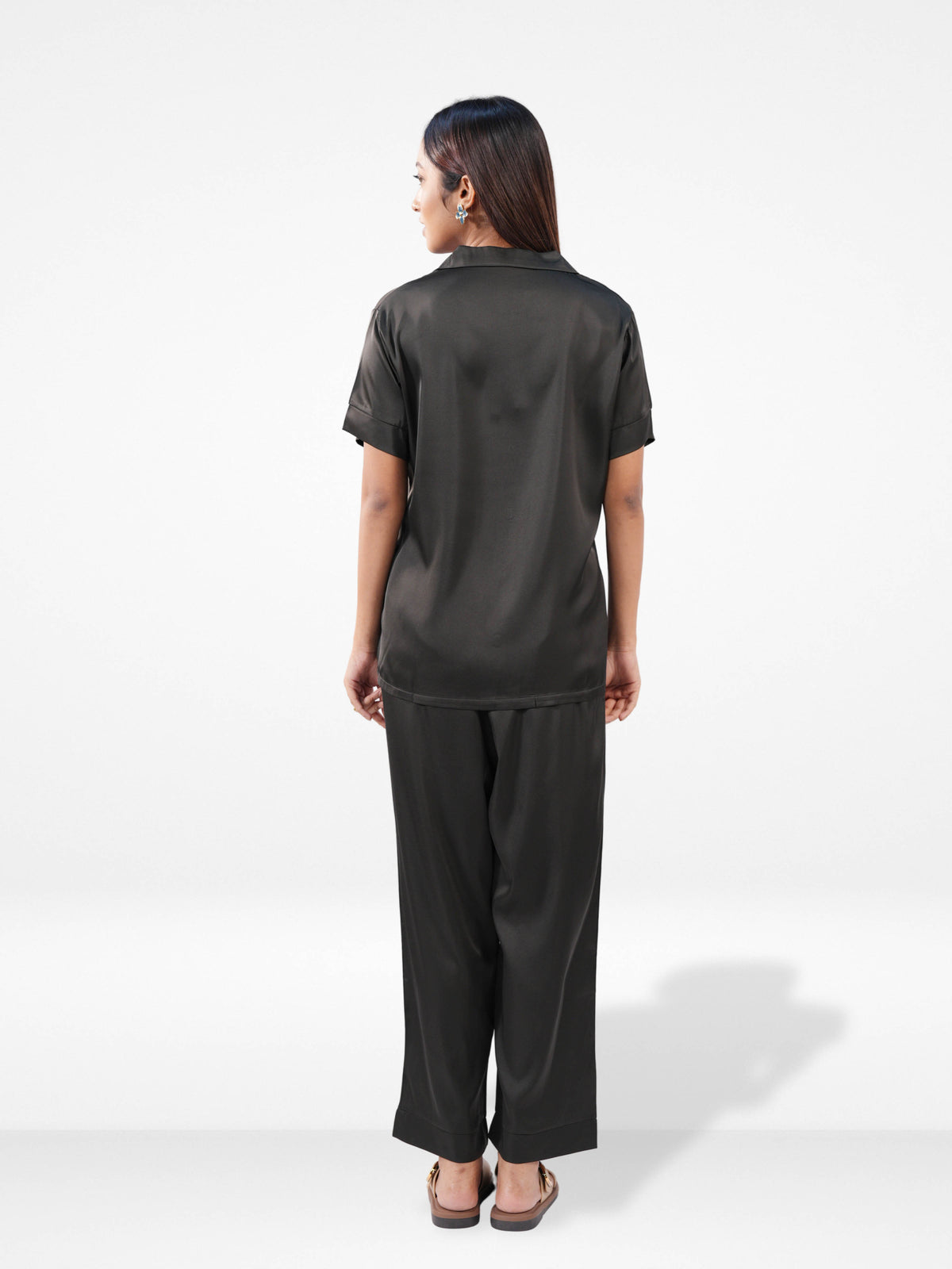 Satin Pajama Set for Women - Button Down, Short Sleeve Long Pant