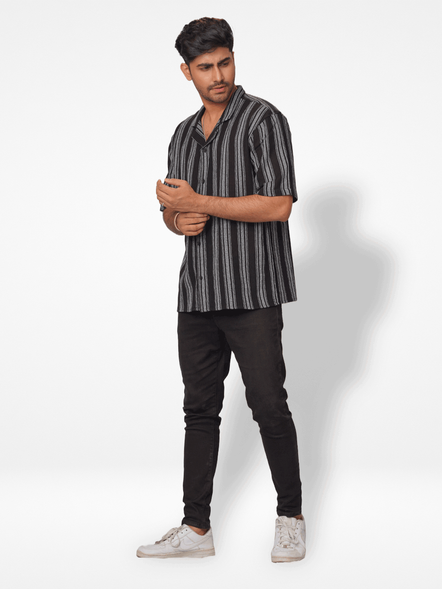 Men's Half-Sleeve Relaxed-Fit Casual Cuban Collar Shirt Black Stripes