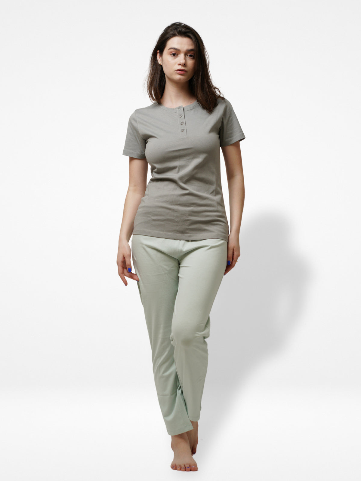 Women Button Facing short sleeve loungewear set