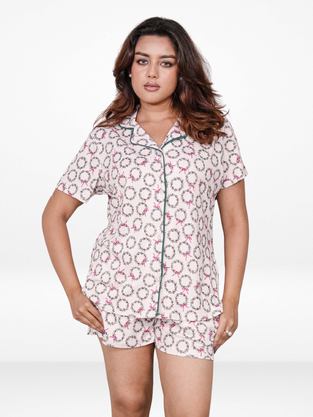 Women’s Notch Collar Sleepwear Set – Short Sleeve All Over Print Pajama Top & Shorts, Soft Comfortable Nightwear
