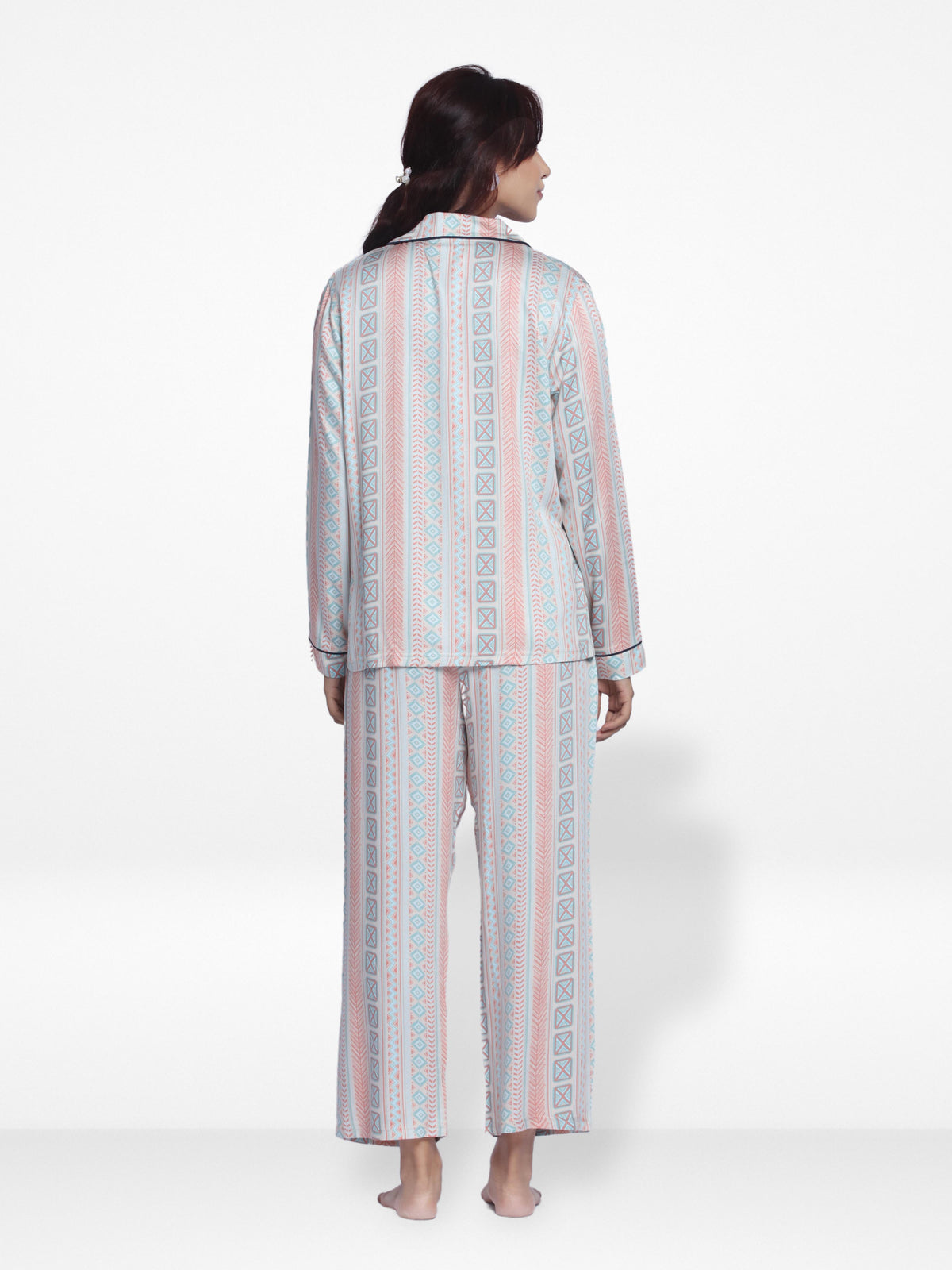 Women White MultistripSleepwear Long Sleeve Pyjama Set