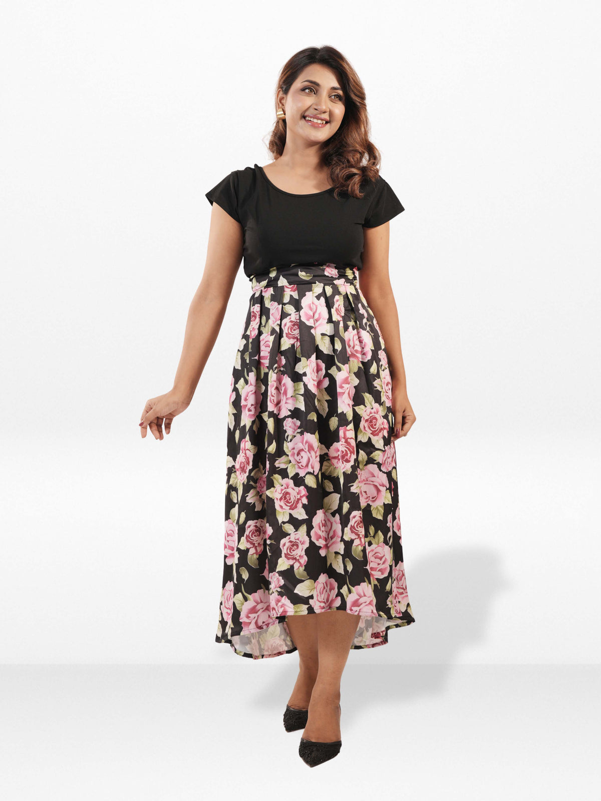 Women's Black Floral Cap Sleeve Midi Dress – Elegant Casual Summer Dress
