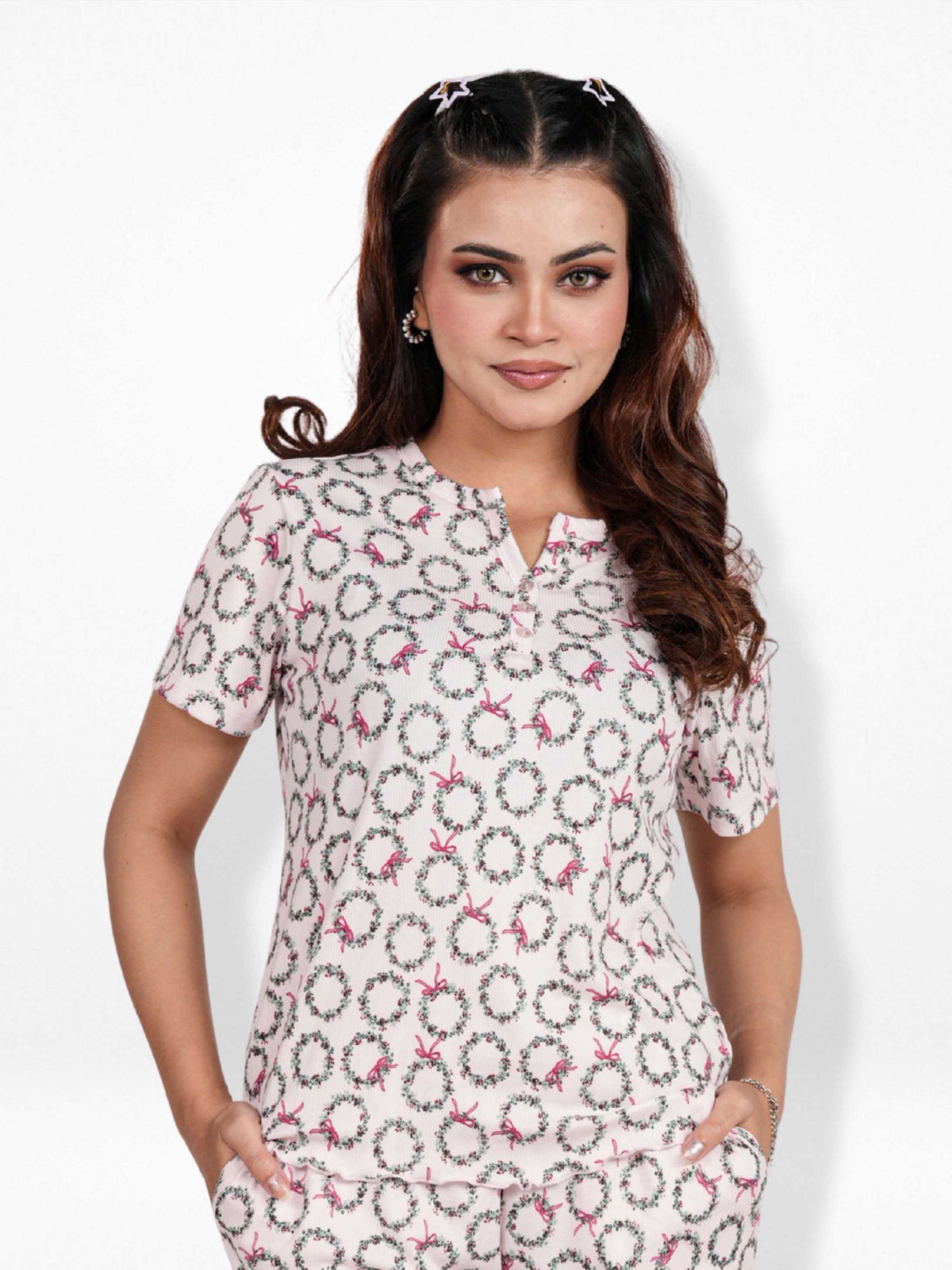 Women’s Henley Short Sleeve Pajama Top | Printed Sleepwear Shirt | Soft Stretch Yummy Rib Fabric | Casual Lounge Top for Women - Blushing Bride