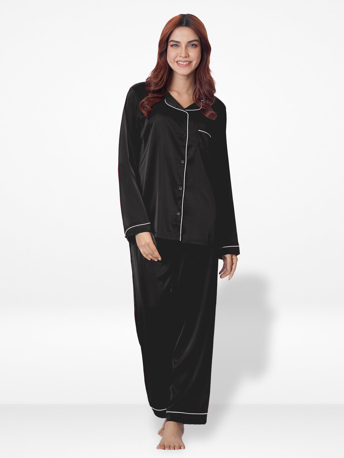 Satin Pajama Set for Women - Contrast Piping, Notch Collar, Button Down, Long Sleeve & Long Pant