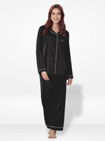 Satin Pajama Set for Women - Contrast Piping, Notch Collar, Button Down, Long Sleeve & Long Pant