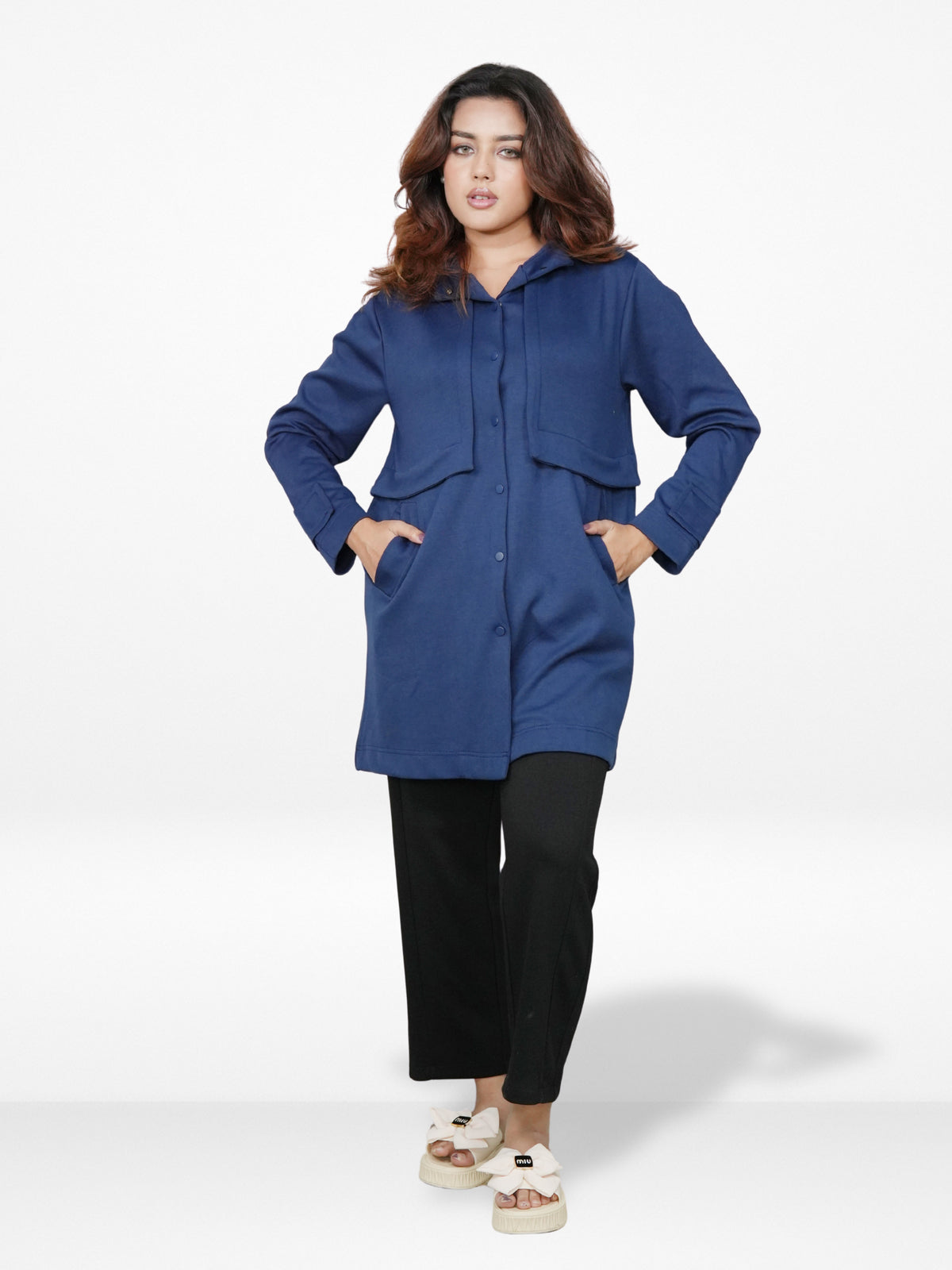 Women’s Soft Pastel Longline Hooded Jacket –Casual Outerwear with Snap Button Closure & Side Pockets