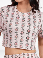 Womens All Over Printed Crop Top and Long Bottom Set Crew Neck Half Sleeve Tee & Matching Bottom | Trendy Casual Two-Piece Wear - Blushing Bride Rose