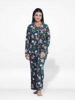 Women Velour Sleepwear Long Sleeve Dark Green AopPyjama Set