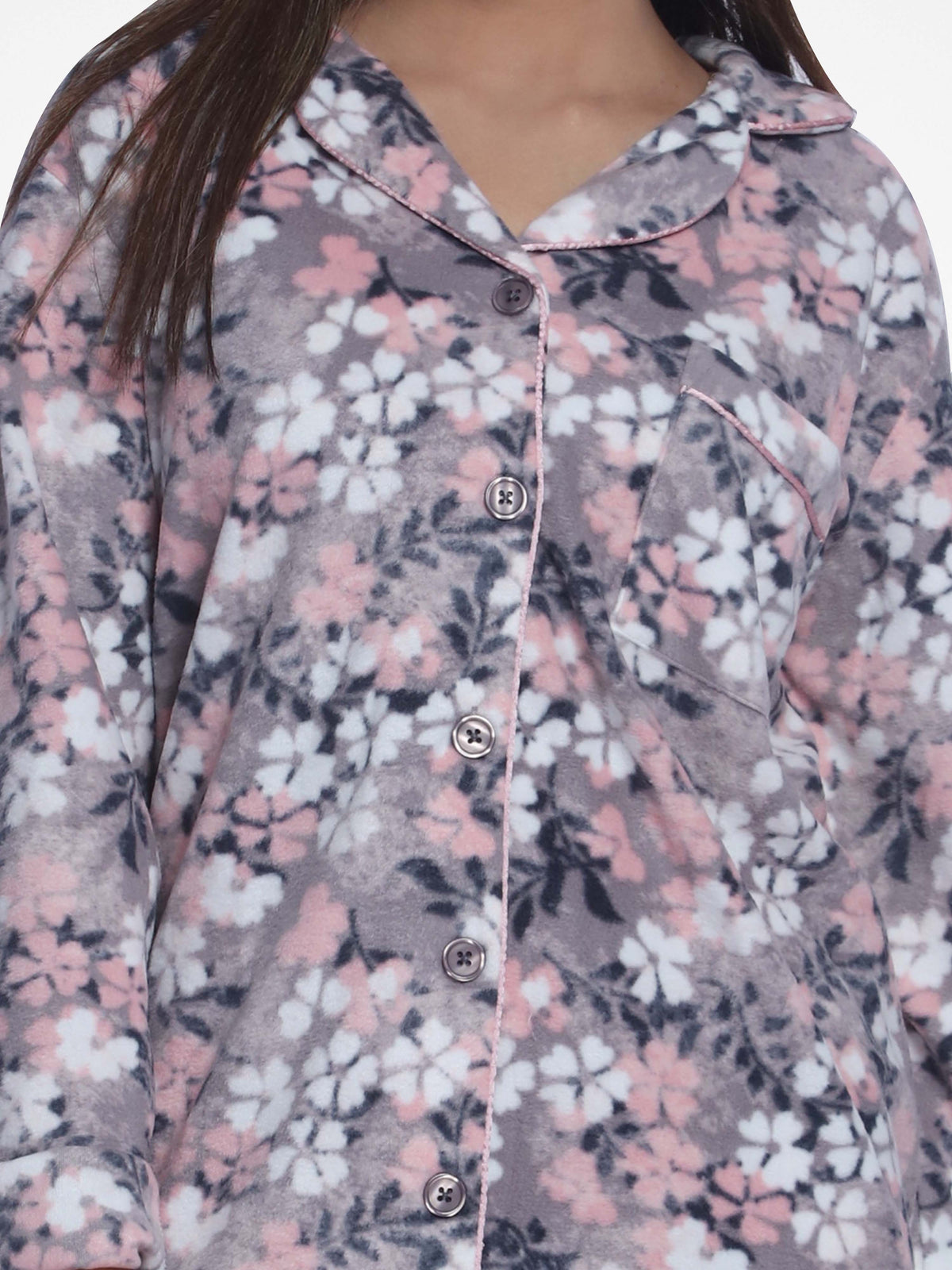 WomenMicro Polar Fleece Grey floral print Sleepwear Long Sleeve Pyjama Set
