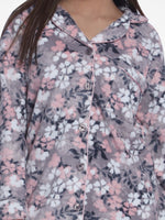 WomenMicro Polar Fleece Grey floral print Sleepwear Long Sleeve Pyjama Set