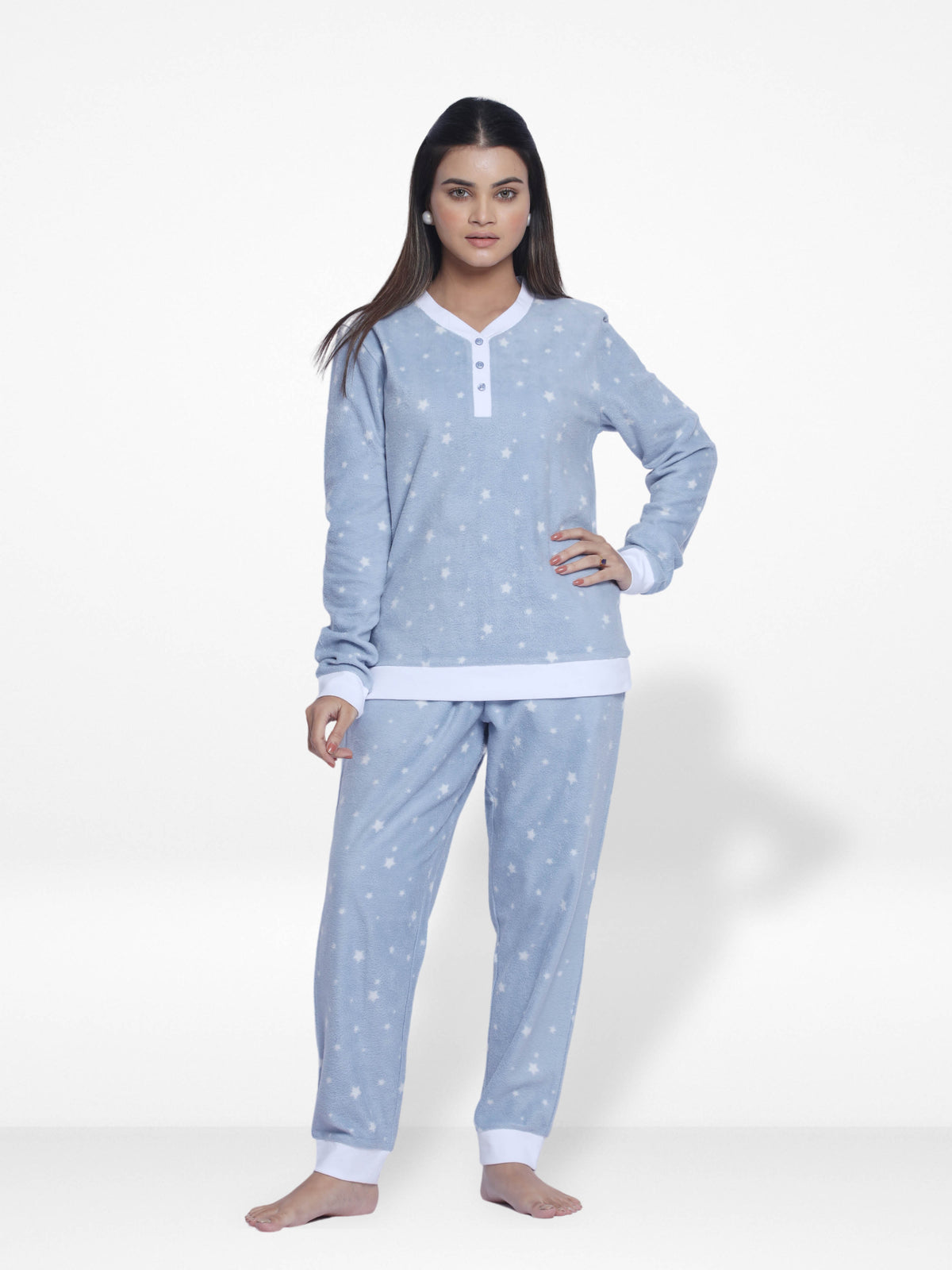 Women Micro Polar Fleece Sleepwear Long Sleeve Blue Star printed Pyjama Set