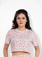 Womens All Over Printed Crop Top Crew Neck Half Sleeve Tee for Trendy Casual Wear - Egret
