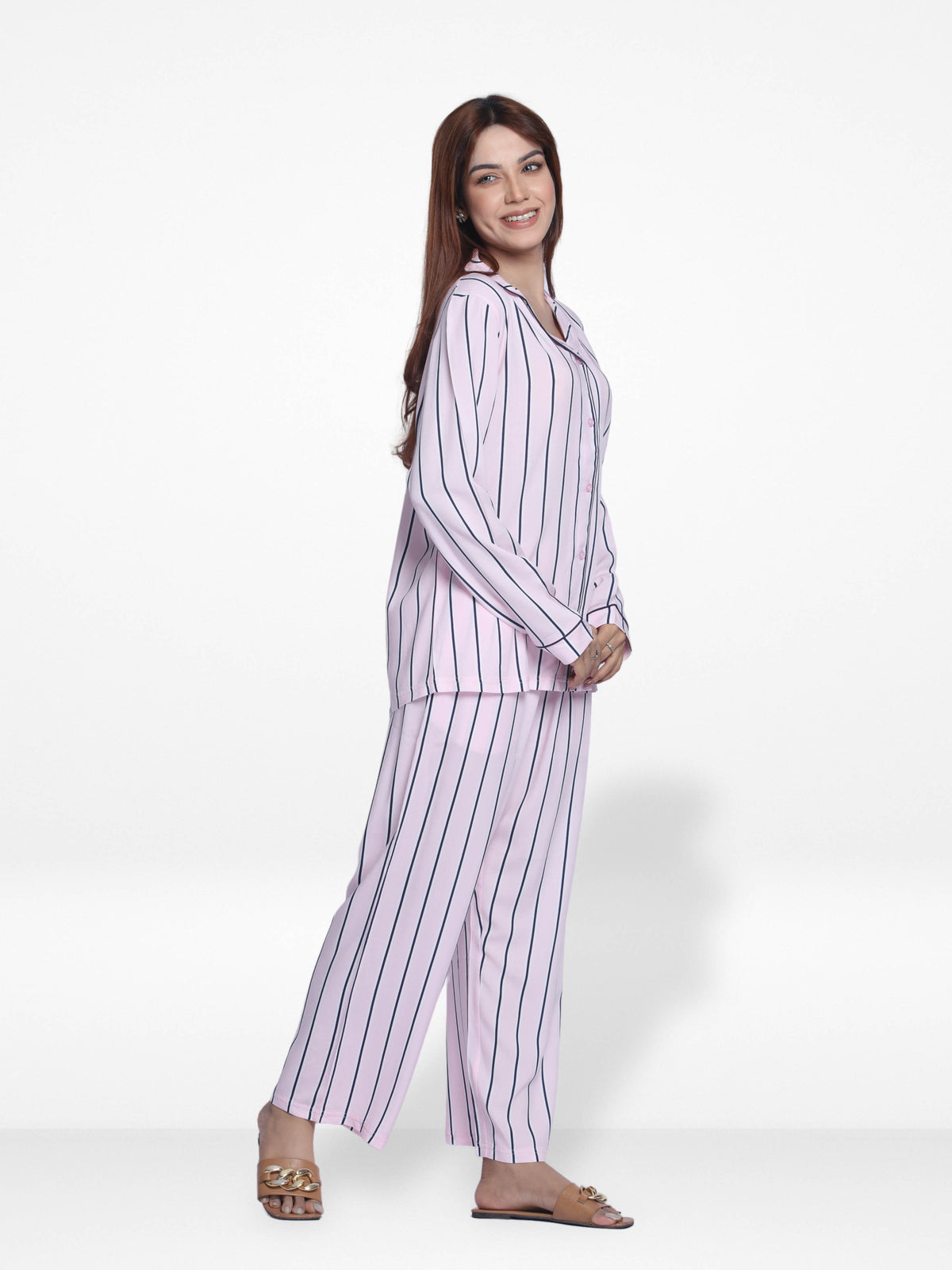 Women Pink Stripe Sleepwear Long Sleeve Pyjama Set