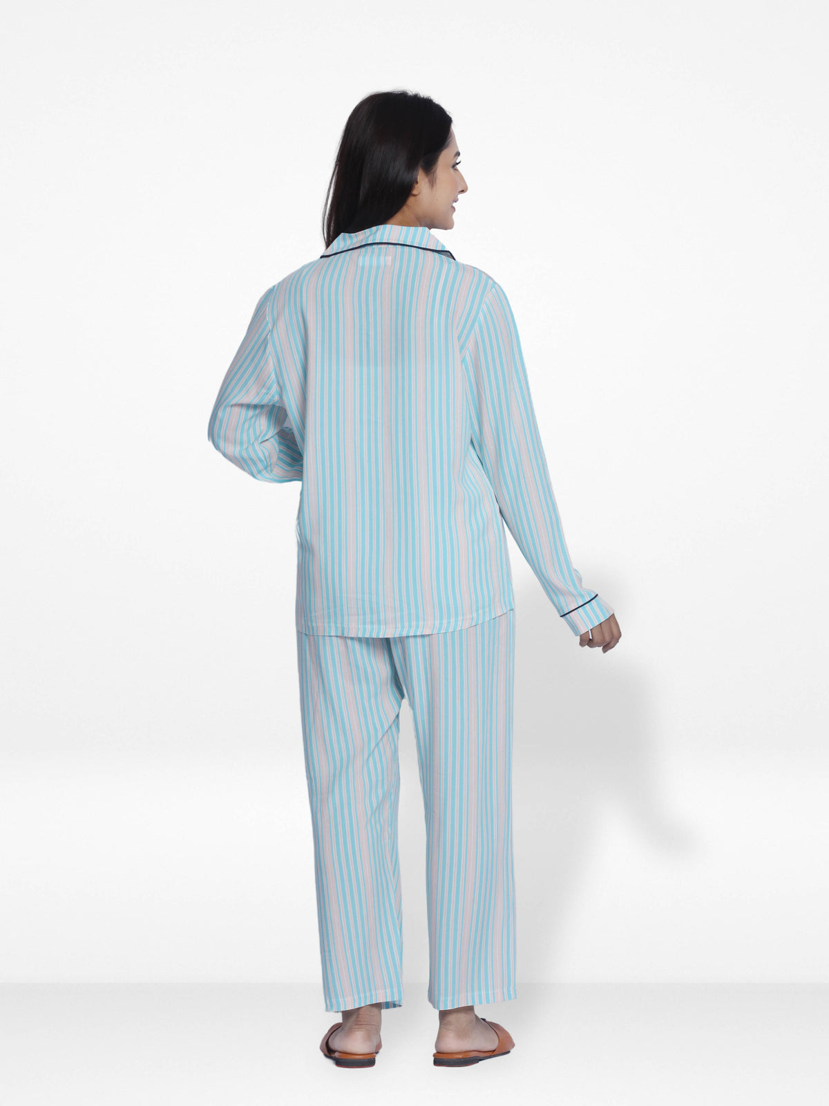 Women Mint Stripe Sleepwear Long Sleeve Pyjama Set