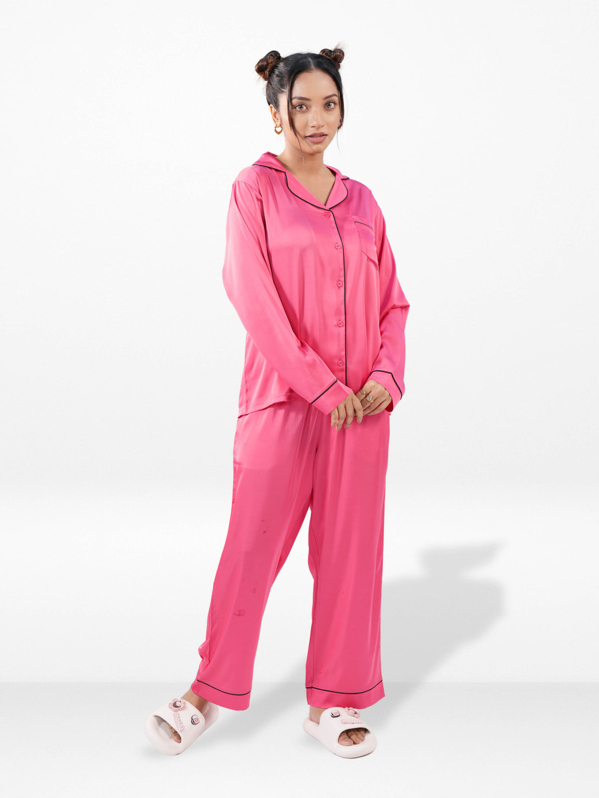 Satin Pajama Set for Women - Contrast Piping, Notch Collar, Button Down, Long Sleeve Long Pant
