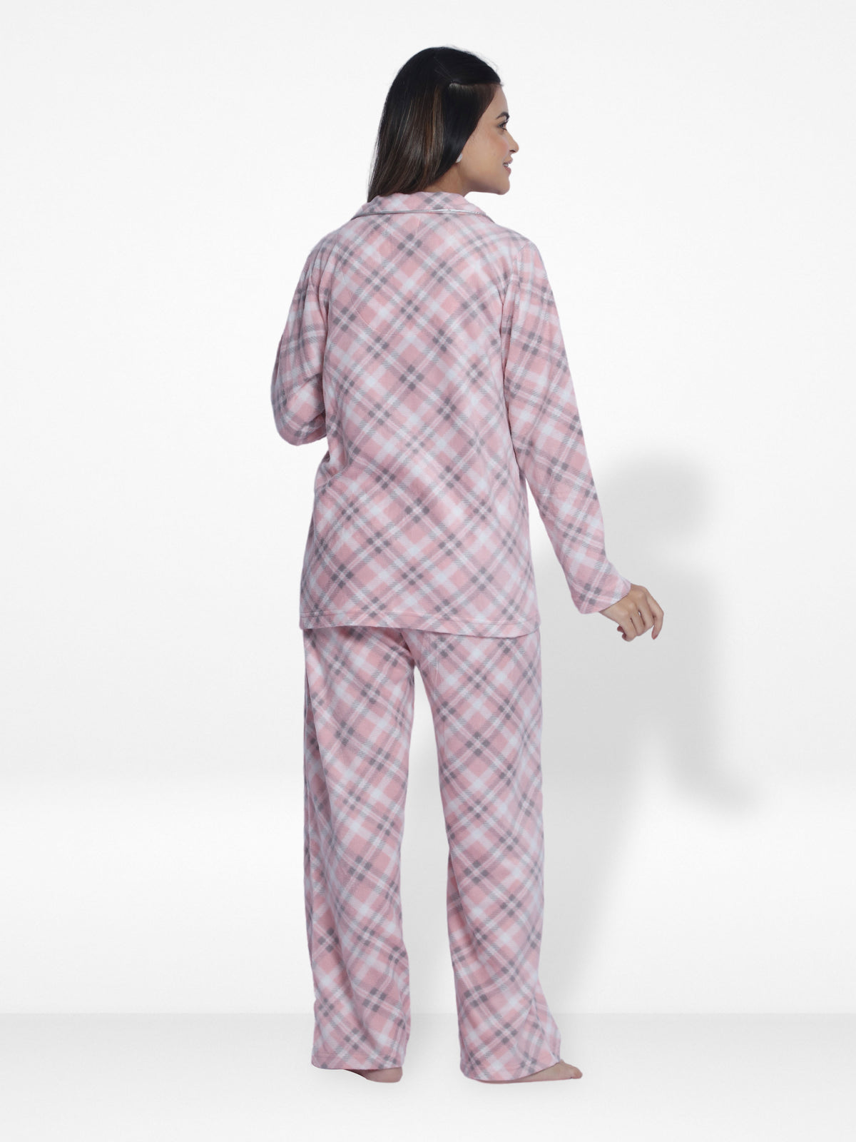 Women Micro Polar Fleece light pink check print Sleepwear Long Sleeve Pyjama Set