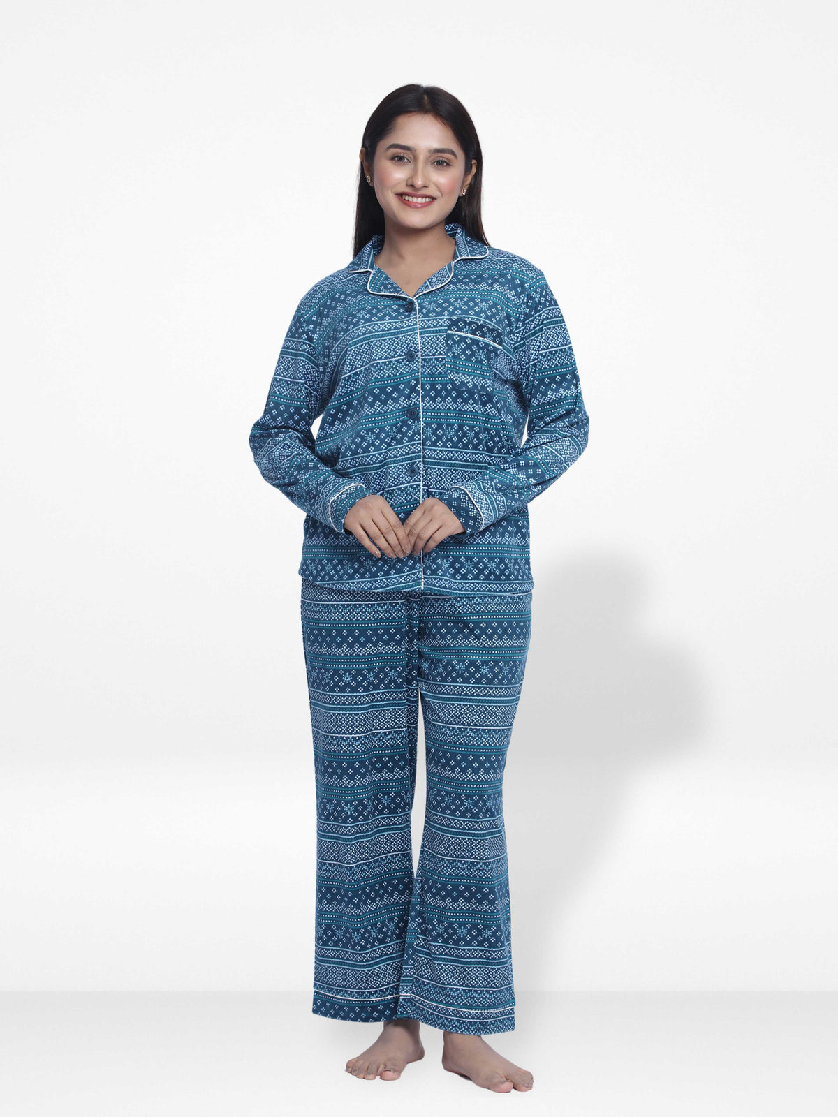 Women Velour Sleepwear Long Sleeve Green Aop Pyjama Set-Inteblu™