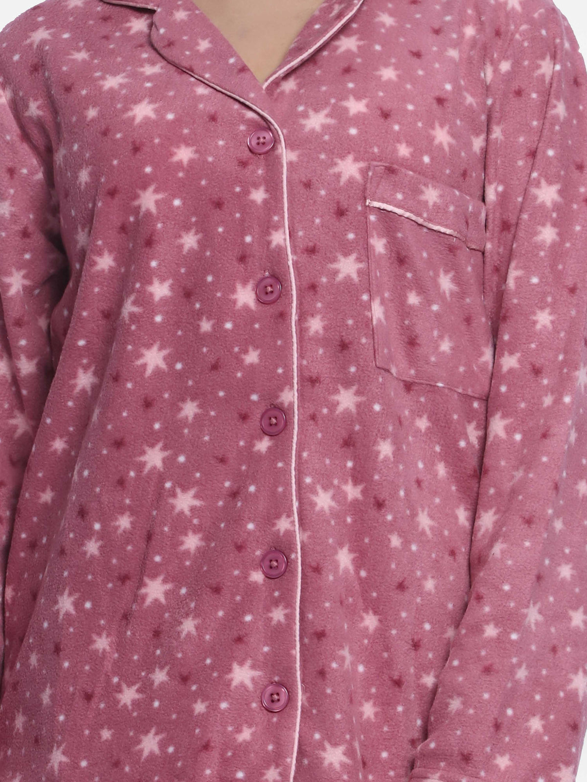 Women Micro Polar Fleece Star Print Sleepwear Long Sleeve Pyjama Set