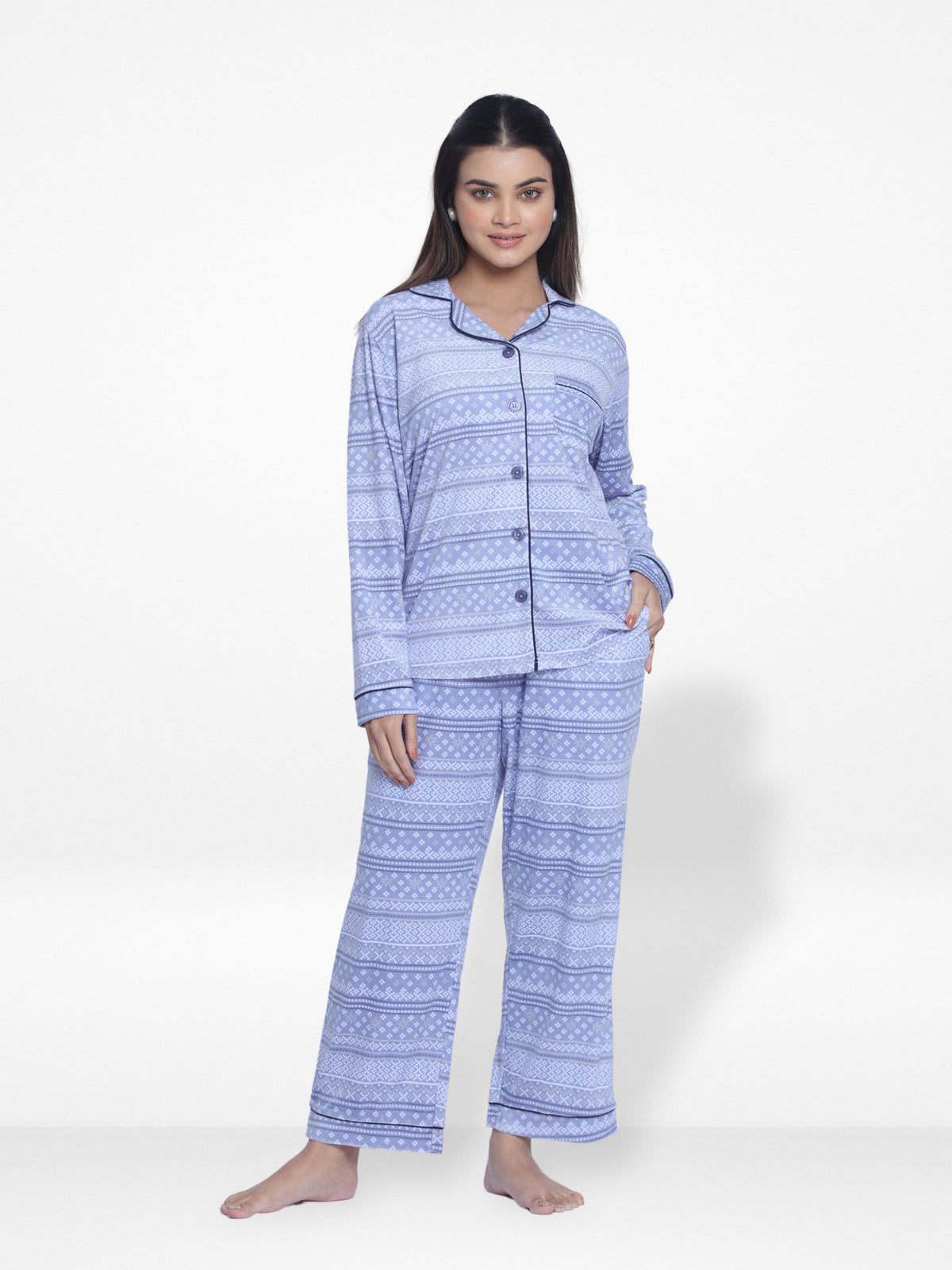 Women Velour Sleepwear Long Sleeve check print Pyjama Set