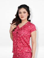 Women’s Short Sleeve Button-Down Top | Printed Sleepwear Shirt | Soft & Stretchy Yummy Rib Fabric | Lounge Top - Crimson