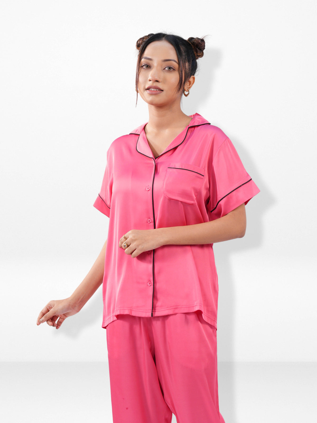 Satin Pajama Set for Women - Contrast Piping, Notch Collar, Button Down, Short Sleeve Long Pant & Sleep Eye Mask