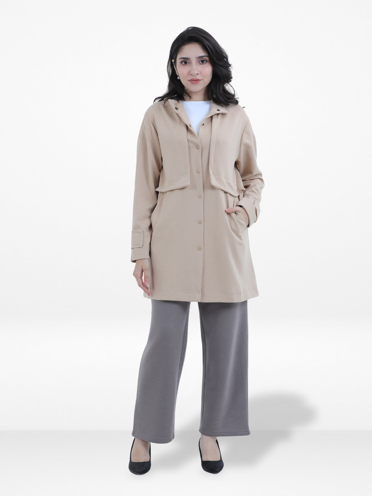 Women’s Soft Pastel Longline Hooded Jacket –Casual Outerwear with Snap Button Closure & Side Pockets