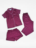 3pcs Women Satin Pajama Set. Contrast Piping, Notch Collar & Button Down.