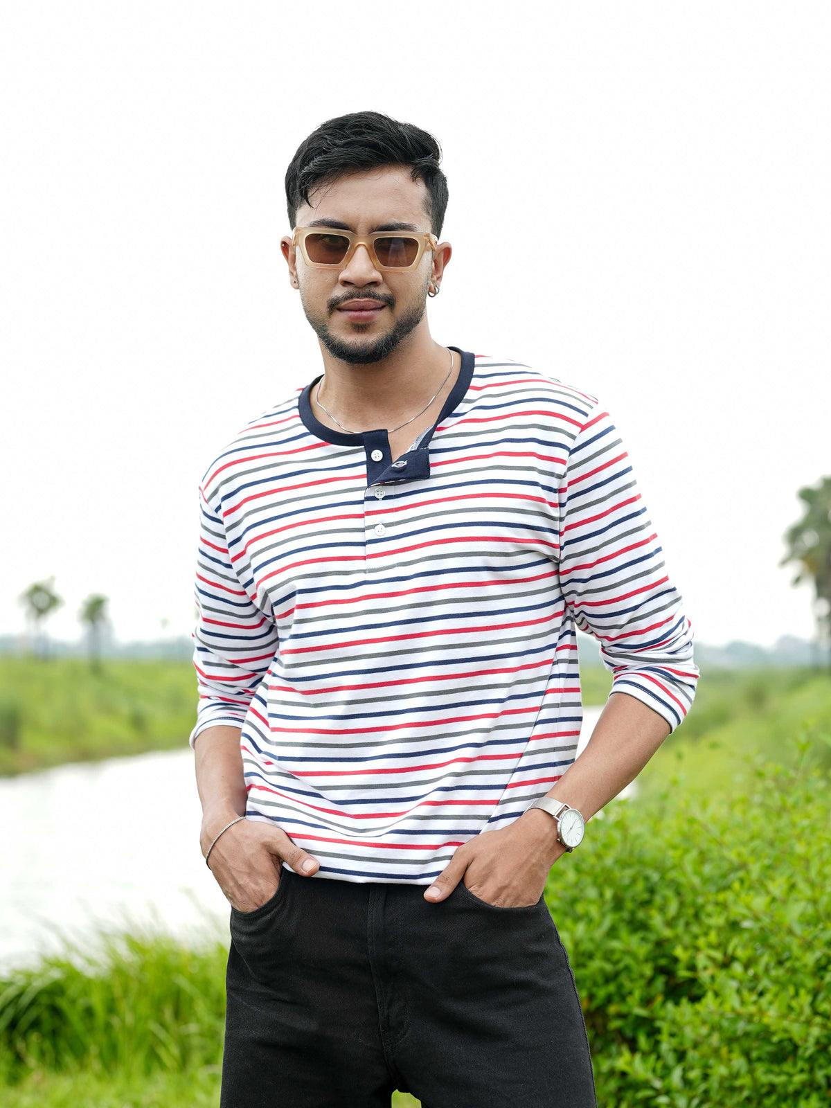 Men’s Striped Henley Neck T-Shirt – Regular Fit Long Sleeve Tee |Soft Stretch Casual Wear