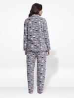 Women Micro Polar Fleece Grey Animal print Sleepwear Long Sleeve Pyjama Set