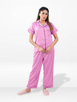 Satin Pajama Set for Women - Contrast Piping, Notch Collar, Button Down, Short Sleeve Long Pant